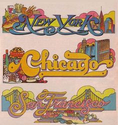 an advertisement for the new york and chicago ferry system, with colorful lettering on it