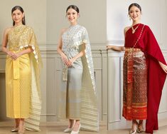 Our beautiful traditional Thai outfits are perfect for weddings, cultural events, Songkran festivals, or any occasion.  They are exclusively handmade with premium Thai silk & handwoven fabric. This set includes: 1 Free Size Silk Sabai Top 1 Free Size Patterned Skirt (can be worn with safety pins or hooks) 1 Set of hooks   This set does not include jewelry or accessories, they are available separately in our store. -- Check out our YouTube videos on how to wear your Thai dress: www.youtube.com/wa Plus Size Thailand Outfits, Khmer Party Dress, Khmer Traditional Dress Wedding Attire, Thai Outfits, Thai Traditional Clothing, Thailand Outfit, Thailand Dress, Thai Silk Dresses, Cambodian Dress