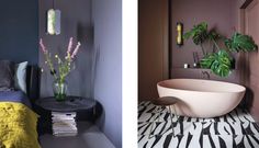 there are two pictures one has a bathtub and the other has plants in it