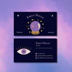 two business cards with an eye and stars on the front, one has a purple background