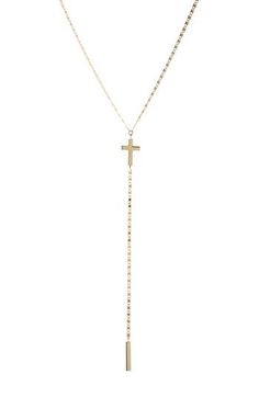 A small cross pendant centers this Y-necklace glinting in 14-karat gold. 16" length; 2" extender; 3 3/8" drop; 1/4"W x 1/2"L pendant 14k gold Imported Vintage Cross Necklaces, Vintage Cross Necklace, Gold Cross Necklace, Gold Bar Necklace, Small Crosses, Jewelry Lookbook, Gold Cross, Gold Bar, Lariat Necklace