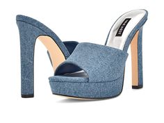 Nine West Wilia 7 - Women's Shoes : Blue Denim : Step out stylishly wearing the chic and classy Nine West Wilia 7 Heels. Textile upper. Man-made lining and insole. Slip-on style. Round peep-toe. High block heel. Brand logo on insole. Man-made outsole. Imported. Measurements: Heel height: 4.72 in, Platform height: 1.06 in. Weight of footwear is based on a single item, not a pair. The Chic, Blue Shoes, Womens Heels, Slide Sandals, Platform Sandals, Nine West, Shoes Online, Kids Shoes, Block Heels