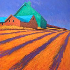 a painting of an orange field with two barns