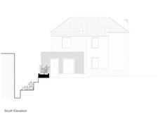 a drawing of a house with stairs going up to the front door and side windows