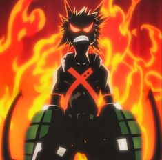 an anime character sitting in front of flames