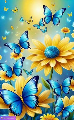 blue and yellow flowers with butterflies flying around