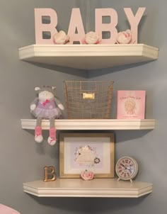 there are two shelves that have baby items on them