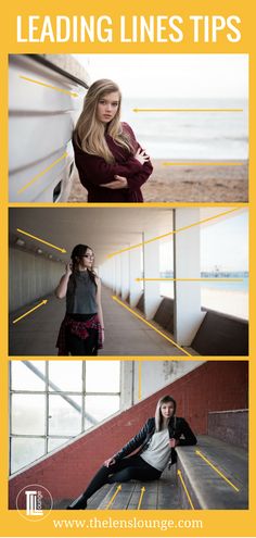 three photos with the words leading lines tips in yellow and white, on top of each photo