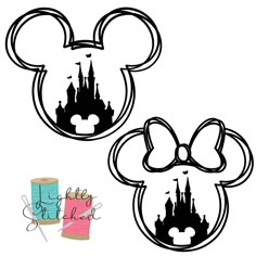 two disney mouse ears with the castle in the background and a spool of thread next to it