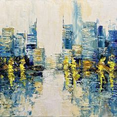 an abstract painting of cityscape with blue and yellow colors on the water's surface