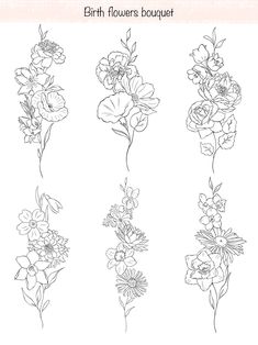 four flower bouquets with the words birth flowers bouquet written in black ink on a white background