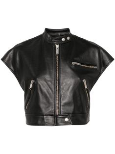 black leather band collar front zip fastening short sleeves front zip fastening pockets cropped straight hem Chloe 2024, Street Grunge, Limousine Car, Leather Tops, Cropped Biker Jacket, Zipper Shirt, City Dress, Airport Fashion, Leather Shirt