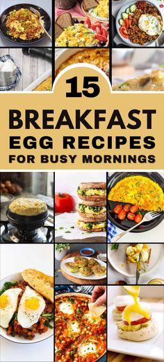 An image collage of breakfast egg recipes representing different egg breakfast ideas. The text overlay reads "15 easy breakfast egg recipes" representing breakfast to make with eggs Egg Make Ahead Breakfast, Healthy Breakfast Recipes With Eggs, Quick Breakfast Ideas Eggs, Gourmet Breakfast Ideas, Best Egg Breakfast, Easy Egg Breakfast Ideas, Food With Eggs, Meals With Eggs, Healthy Breakfast With Eggs