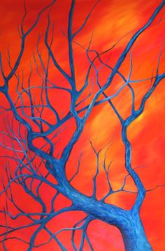 a painting of a blue tree against an orange sky with no leaves on the branches