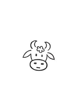 a cow's head with a flower in its hair is drawn on a white background