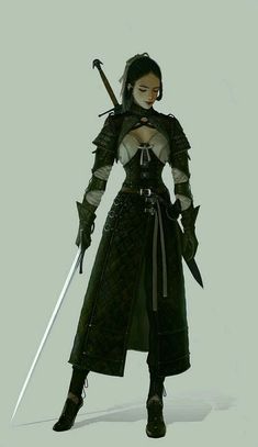 a woman dressed in black and white holding two swords