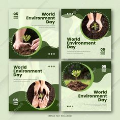 four banners for world environment day with hands holding a plant and dirt on the ground