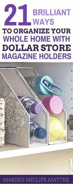 the book is open to show how to organize your home with dollar store magazine holders