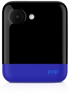 the back side of a black and blue cell phone with an app logo on it