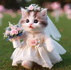 a small kitten dressed up in a wedding dress and holding a bridal bouquet on the grass