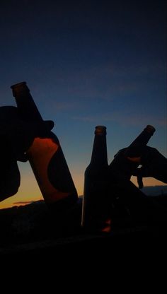 two empty beer bottles sitting next to each other on top of a hill at sunset