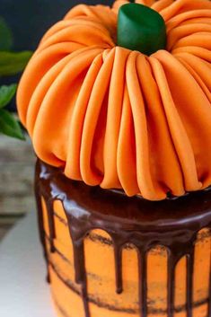 an orange cake with chocolate icing on top