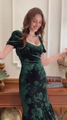 Brielle Squared Neckline Velvet Midi Dress in Green Squared Neckline, Christmas Dress Women, Green Velvet Dress, Velvet Midi Dress, Autumn Dress, White Floral Dress, Satin Maxi Dress, Traditional Fashion, Dresses By Length