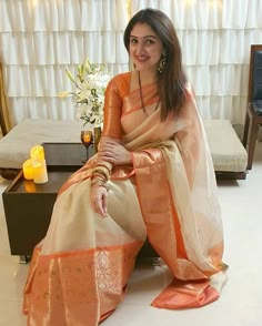 Karvachauth Look Saree, Golden Silk Saree, Sridevi Vijaykumar, Traditional Housewife, Saree Styling, Sarees For Girls, Bridal Sarees South Indian, Simple Saree Designs, Engagement Hairstyles