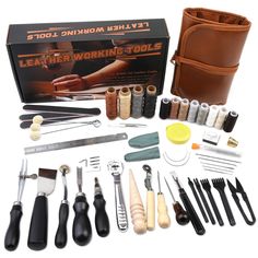 the leather working tool set is in its box