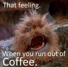 an animal with its mouth open and the caption that reads, that feeling when you run out of coffee