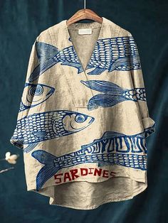 🌸Flower Shirt-II Blue Minimalist, Linen Shirts Women, Fishing Women, Chic Top, Vintage Fishing, Fish Print, Printed Sleeves, Looks Style, Print Shirt