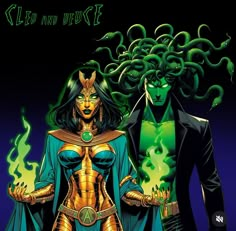 an image of two people in costume standing next to each other on a dark background