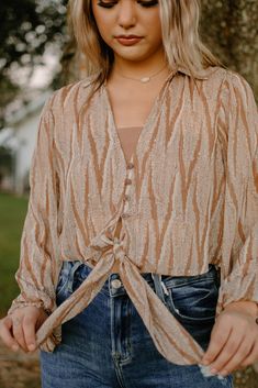 Taupe Collared Blouse Collar Blouse, Gold Threads, Bell Sleeve Top, Loose Fitting, V Neck, Women's Top, Pattern