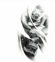 a black and white photo of a rose with a skull in the foreground on a white background