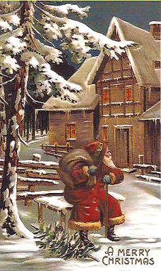 an old fashioned christmas card with santa and mrs claus in front of a snowy village