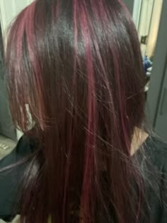 Y2k Red Highlights, Dark Pink Hair Streaks, Hair Inspo Color Pink Highlights, Dark Hair With Pink Streak, Dyed Hair For Dark Brown Hair, Hair Dye Colors Highlights, Purple Highlights For Dark Brown Hair, Dark Pink Streaks In Brown Hair, Magenta Streaks In Brown Hair