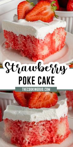 strawberry poke cake on a white plate with strawberries in the background and text overlay