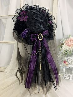 Flat Hat Diameter: 17cm.  Flat Hat+Lace Trim Diameter: 20cm  Attention: This price includes a mini hat only, others are not included. Dark Purple Accessories, Gothic Aesthetic Outfit, Victorian Gloves, Purple Goth, Magical Girl Outfit, Goth Princess, Purple Gothic, Victorian Accessories, Purple Cross