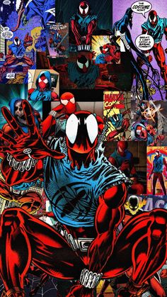 the spider - man collage is shown with many different colors and designs on it