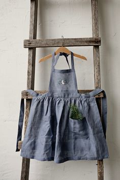 an old wooden ladder with a blue dress hanging from it's side and a plant in the pocket