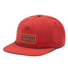 This vintage-inspired heritage rope hat features a slightly taller front panel, a woven Cotopaxi patch, and great coverage for sunnier days. | Cotopaxi Steps to the Sun Heritage Rope Hat in Magma Flat Brim Hat, Fishing Nets, Webbing Strap, Making Waves, Profile Design, Retro Inspired, Sunny Days, The Sun, Vintage Inspired