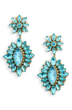 Exude extreme sparkle in these crystal drop earrings anchored by floral clusters sure to make a glamorous statement. 2" drop; 1" width Post back Glass/textile/leather/goldtone plate Imported Deepa Gurnani, Crystal Drop Earrings, Crystal Drop, Fabric Gift Bags, Anniversary Sale, Free Fabric, Fabric Gifts, Print Gifts, Wedding Jewelry