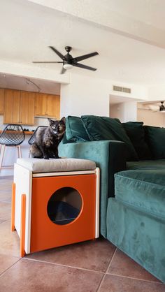 a cat sitting on top of a green couch next to an orange ottoman and ceiling fan