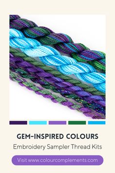 three different colors of yarn with the text gem - inspired colours embroidery sample thread kits