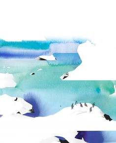 watercolor painting of penguins on icebergs in blue and green colors with white background