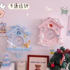 there are many clocks on the wall in this room, and one has a teddy bear