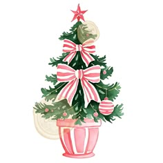 a watercolor painting of a christmas tree in a pink pot with red and white bows