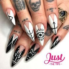 Witch Nail Art, Hallographic Nails, Black And White Nail, Deep Red Nails, Witch Nails, Retro Nails, Gothic Nails, Goth Nails