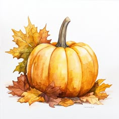 a watercolor painting of a pumpkin and leaves