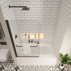 a white bathroom with black and white floor tiles